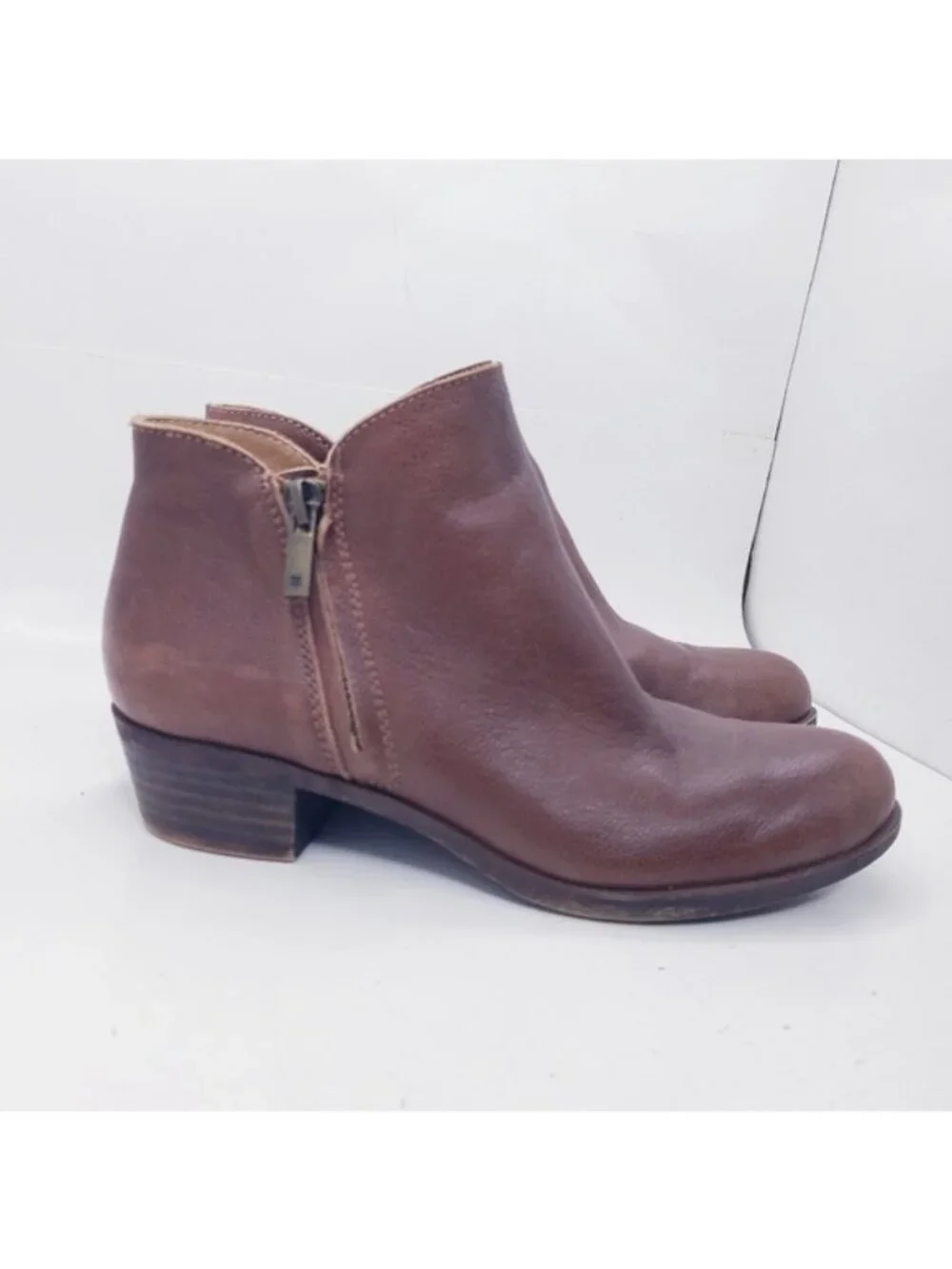 Lucky Brand Barough Brown Leather Stacked Heel Ankle Boots Booties Womens Size 6